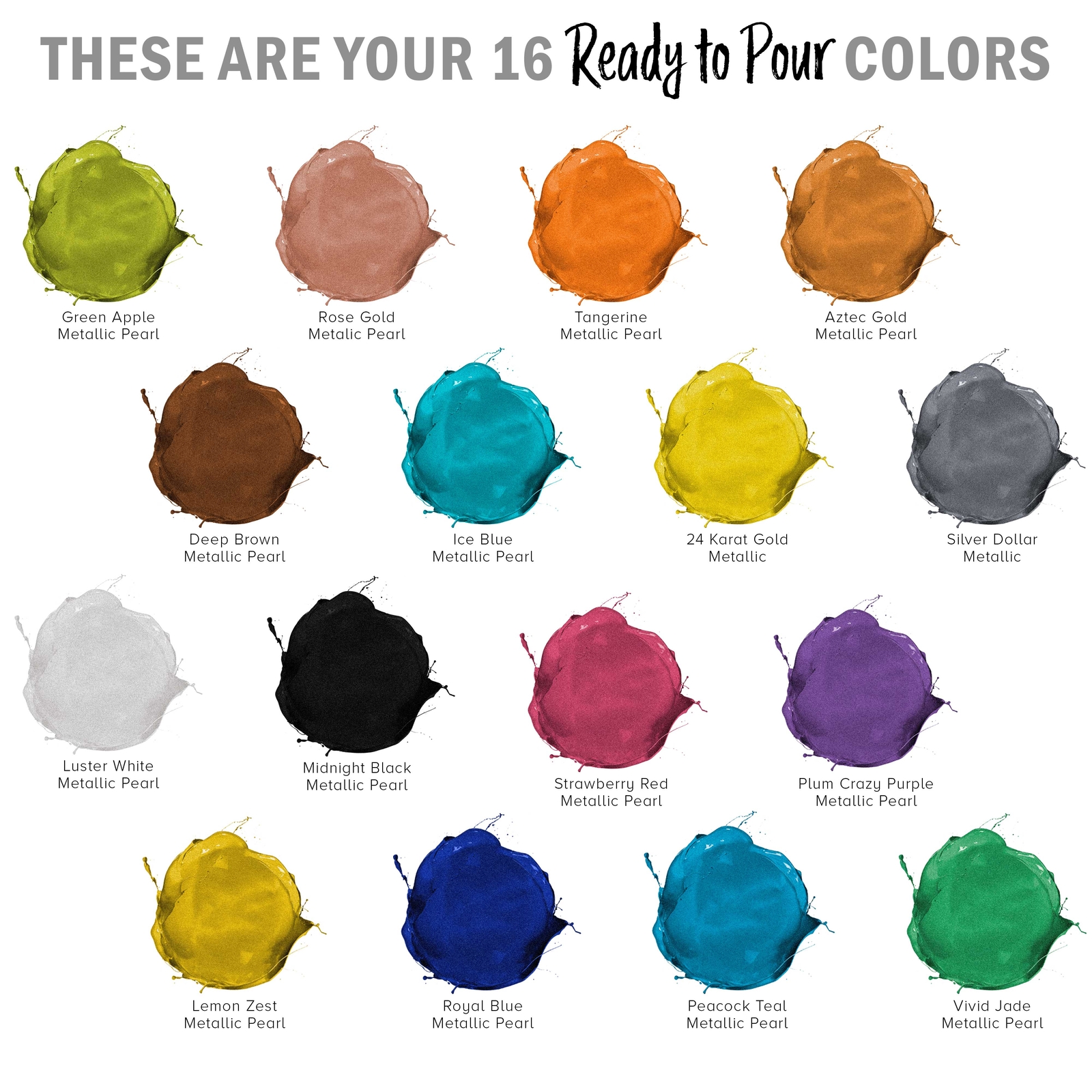 16-Color Ready to Pour Acrylic Metallic Pouring Paint Set, Silicone Oil & Gloss