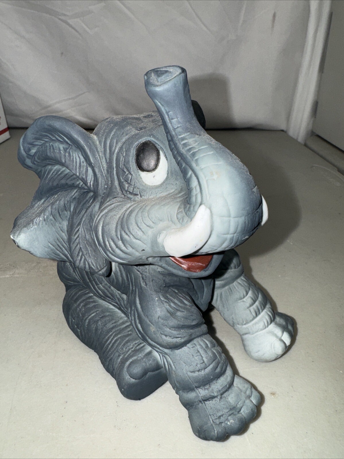 Vintage Blue Gray Porcelain Elephant Figurine Setting Figure Trunk Up Raised 5x6