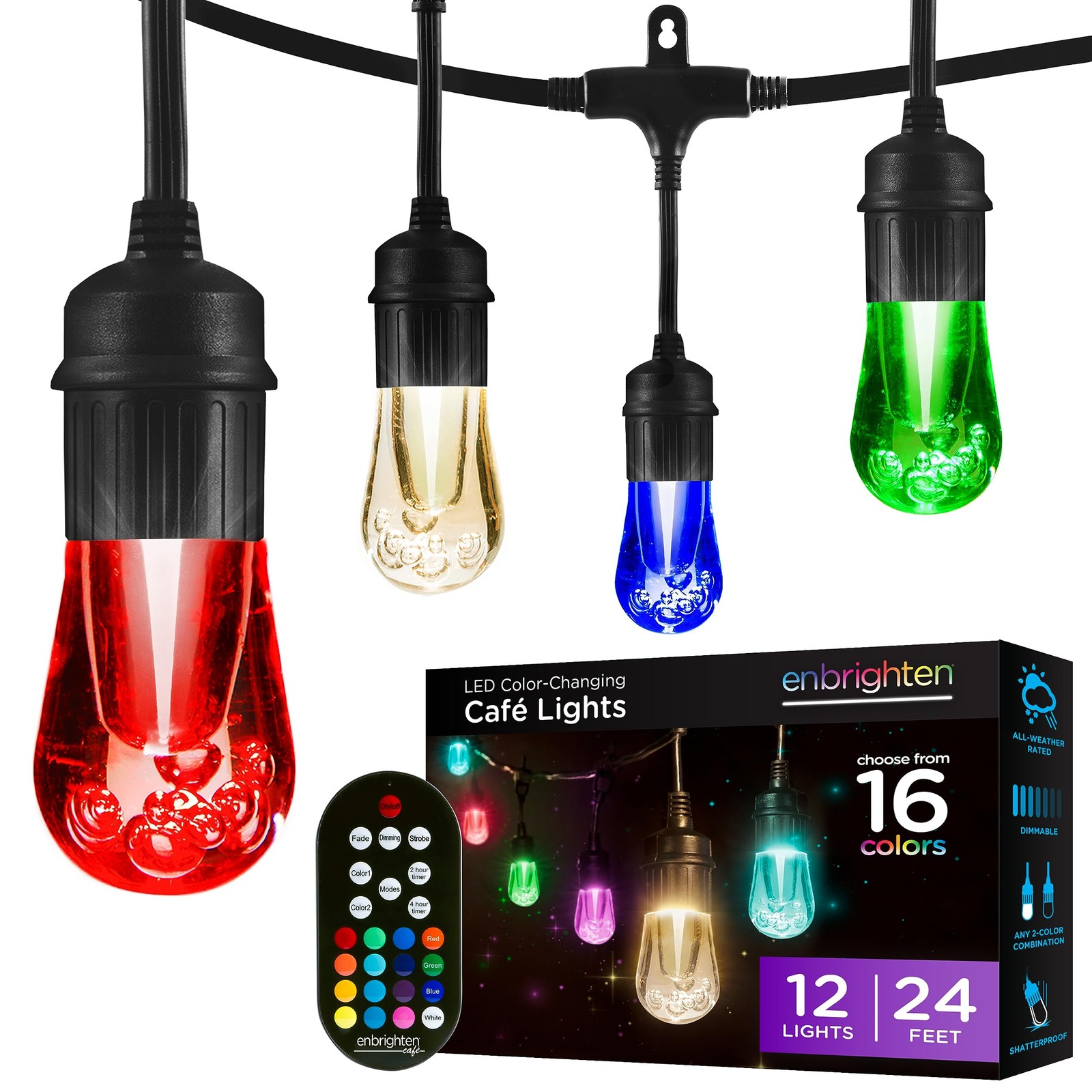 Enbrighten 24ft RGB Outdoor String Lights 12 Bulbs Remote Weatherproof 37791