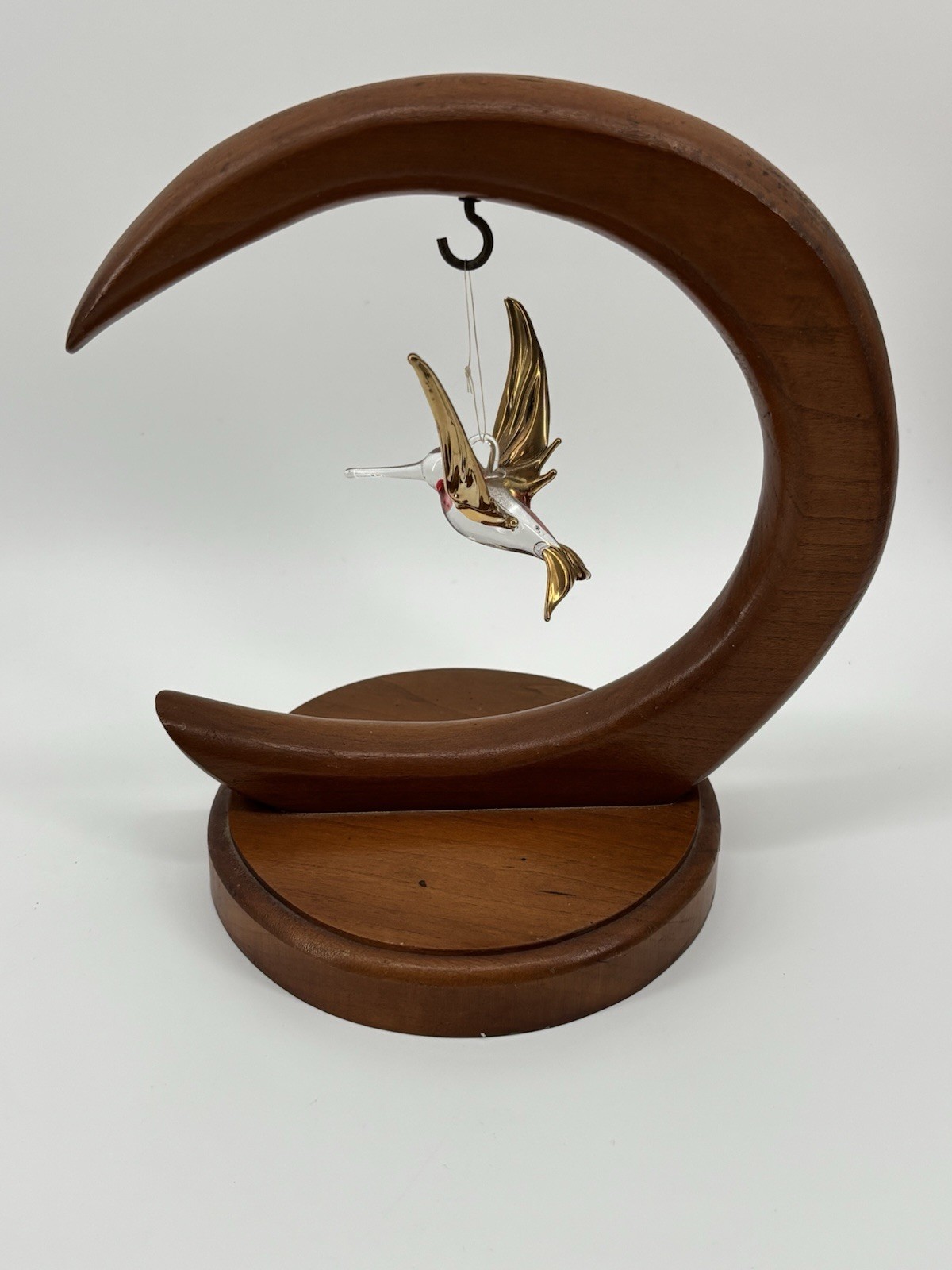 Vtg Wood Crescent Stand With Glass Hummingbird Moon Ornament Display Holder 7"