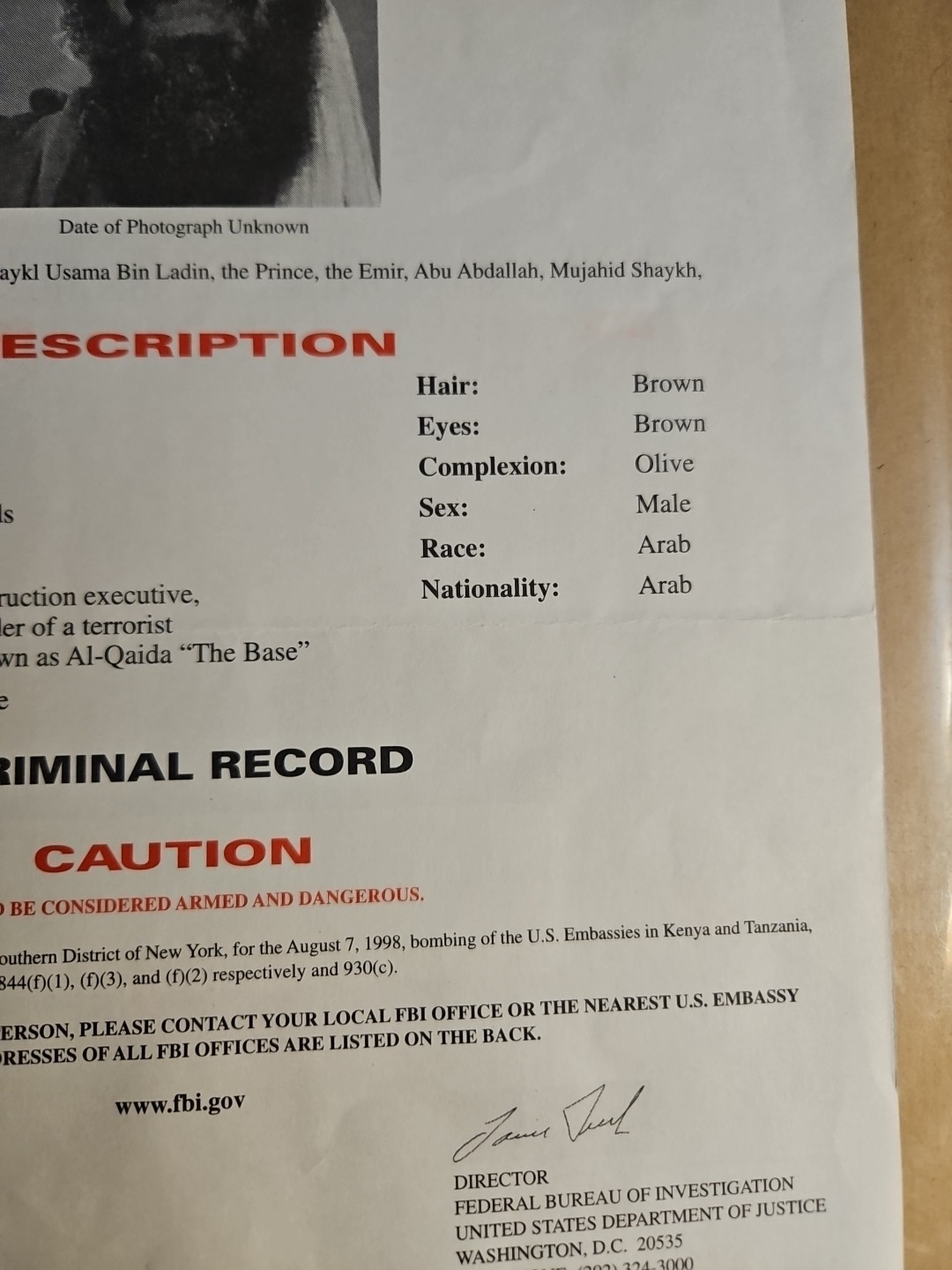 Original USAMA BIN LADEN FBI wanted Poster 3-29-99