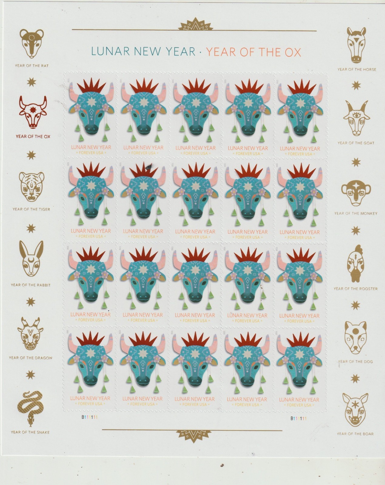USPS Lunar New Year-Year of the Ox Sheet of 20 Peel and Stick stamps