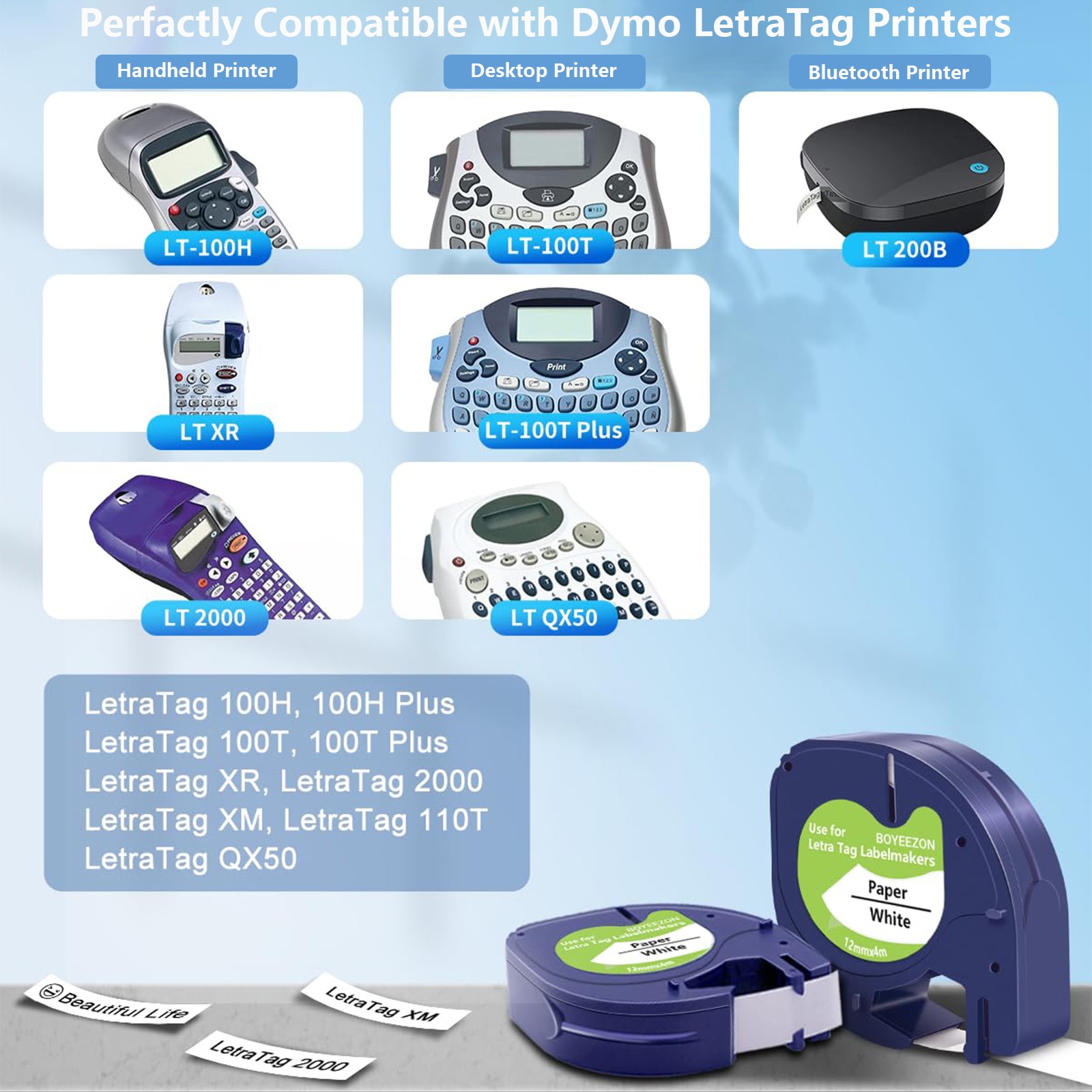 7PK Dymo Letratag Refill 91331 91330 White Plastic 12mm Label Tape 1/2" LT-100H