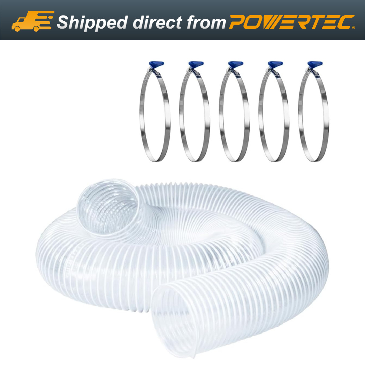 POWERTEC Dust Collection Hose Kit 6" x 10 Ft Left Spiral Hose 5x6" Hose Clamps