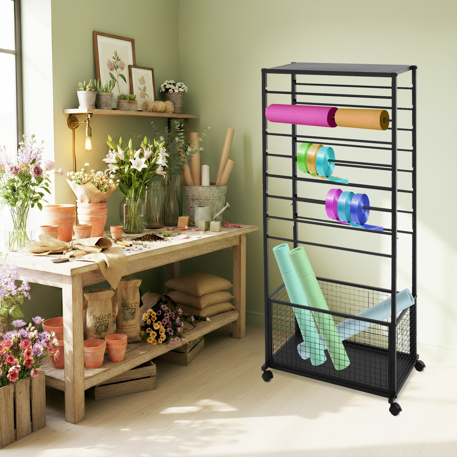 16-Tier Double-Sided Ribbon Holder Organizer Rack Ribbon Storage Holder W/ Wheel