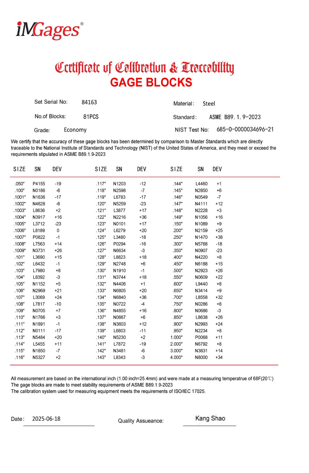 iMGages, 81pc Economy Rectangular Gage Block Set, NIST Traceable Cert. 630-41161