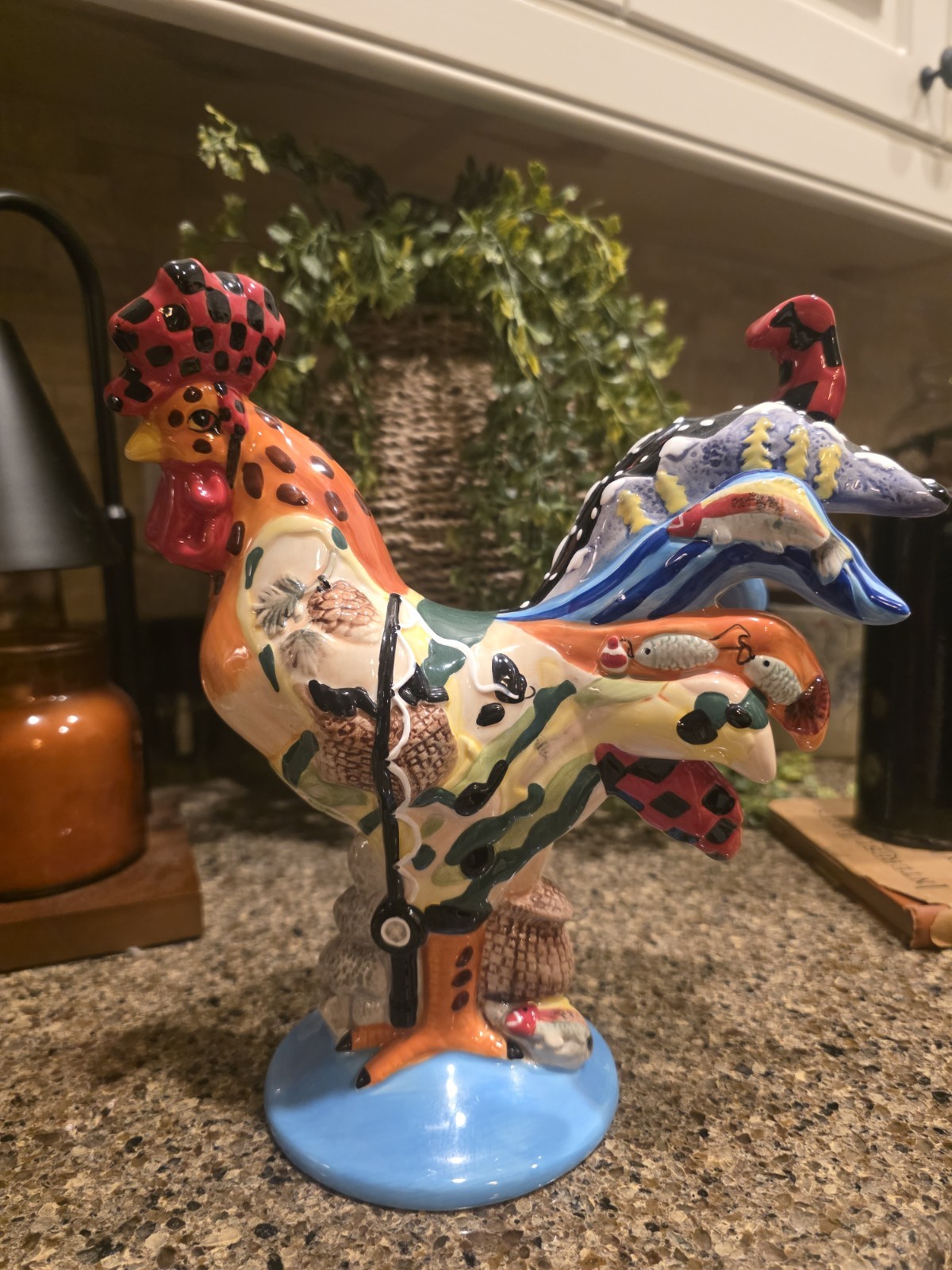 Rare Sharon Neuhaus Poultry In Motion Rocky Mountain Ceramic Rooster Fishing