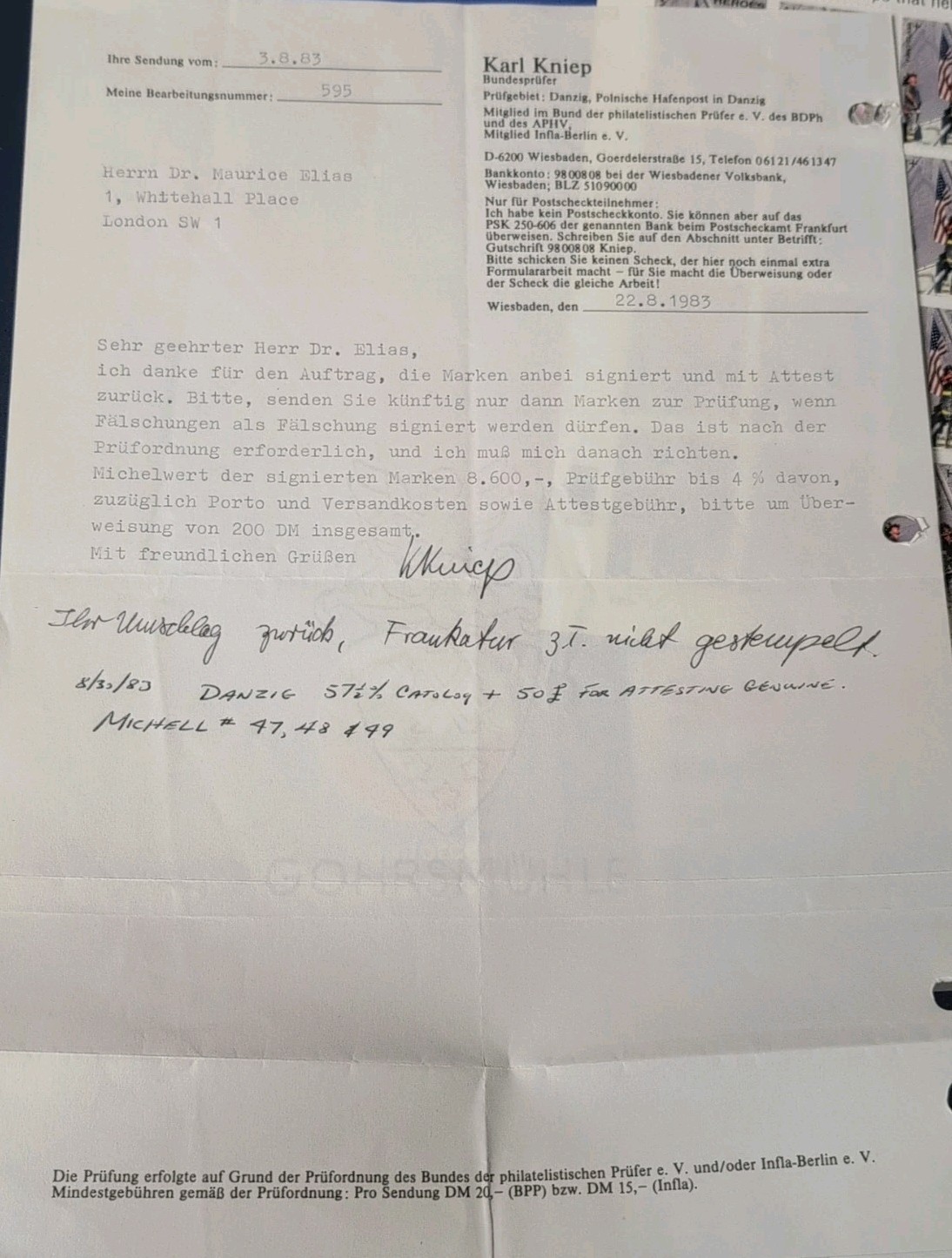 Danzig Mi# 48 MLH / Signed 2x & Karl Kniep Reciept for Geuine - S47981
