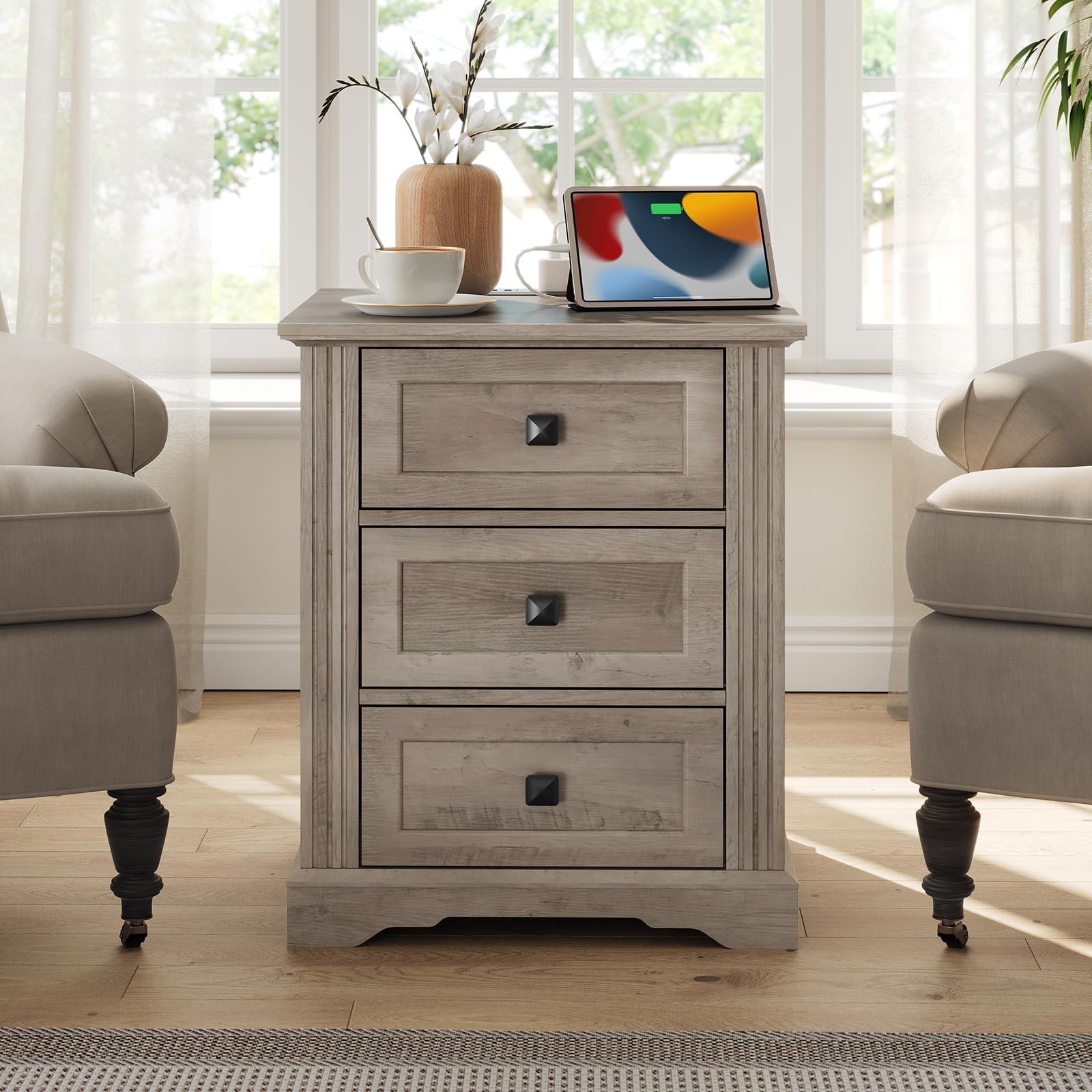 Nightstand with 3 Drawers, 18 Inch Wide End Table with Charging Station, Farm...