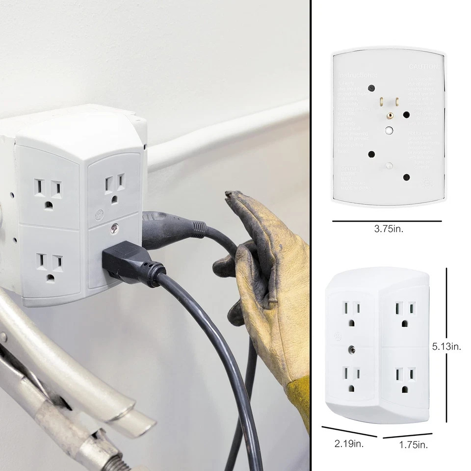 6-Outlet Extender, 2 Pack, Grounded Wall Tap, Adapter Spaced Outlet