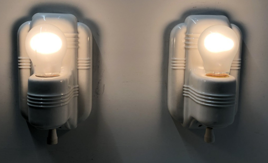 Vtg Porcelain Sconce Light Pair Bathroom Ceramic Wall Fixture Art Deco USA #L19