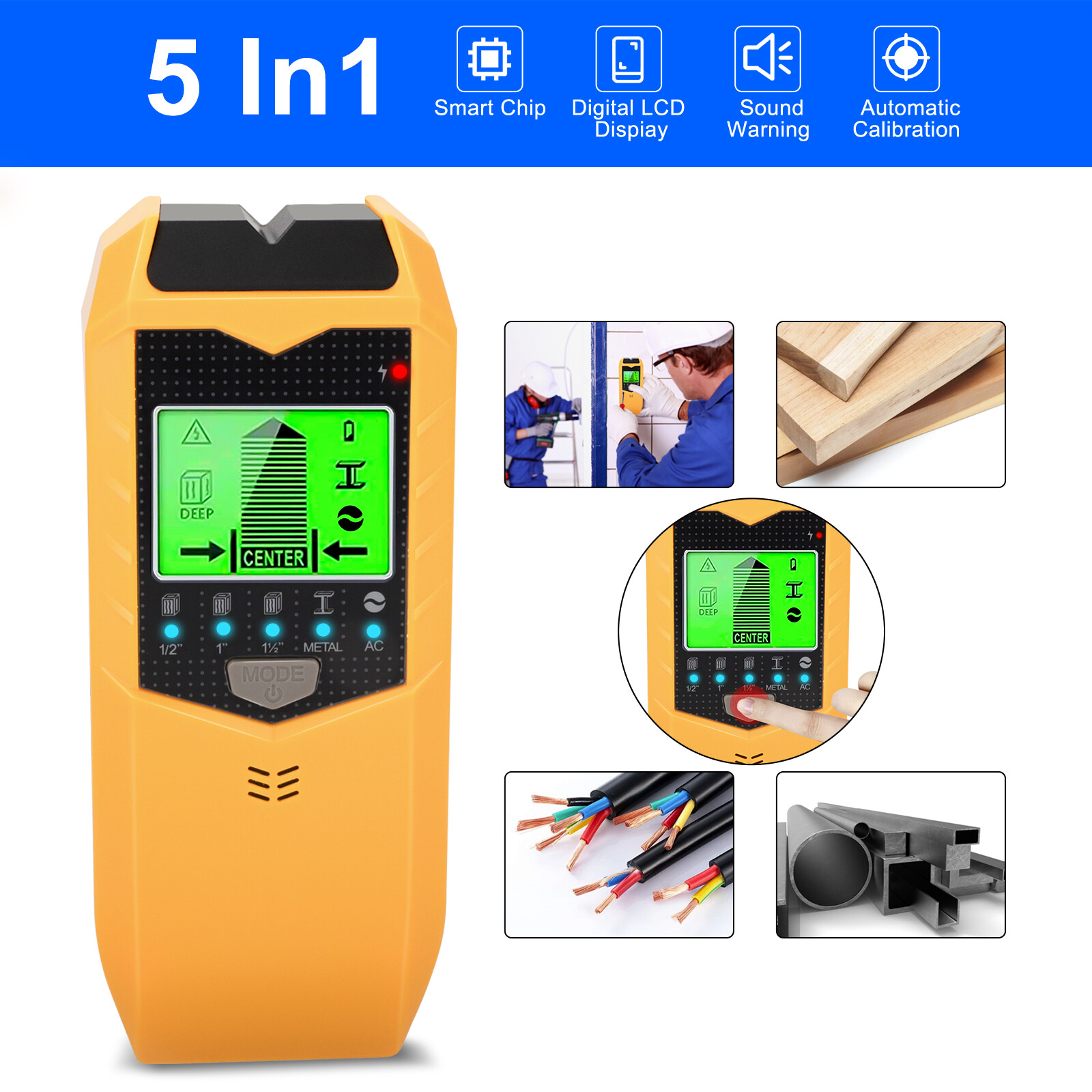 5 in 1 Stud Finder Wall Scanner LCD Display Detector for Wood AC Wire Metal Pipe