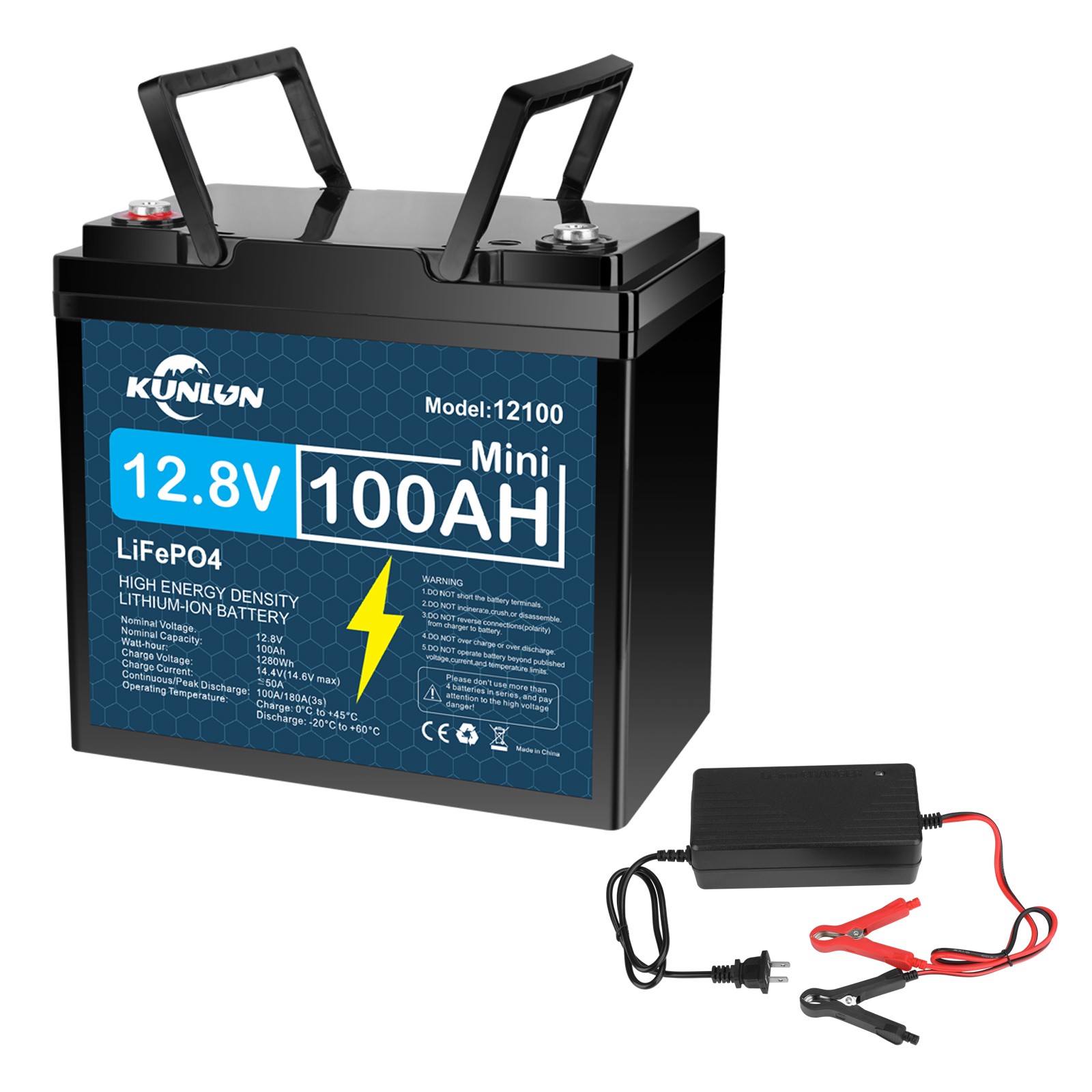 12V 100Ah LiFePO4 Lithium Battery with Charger, Built-in BMS, for Marine Lot