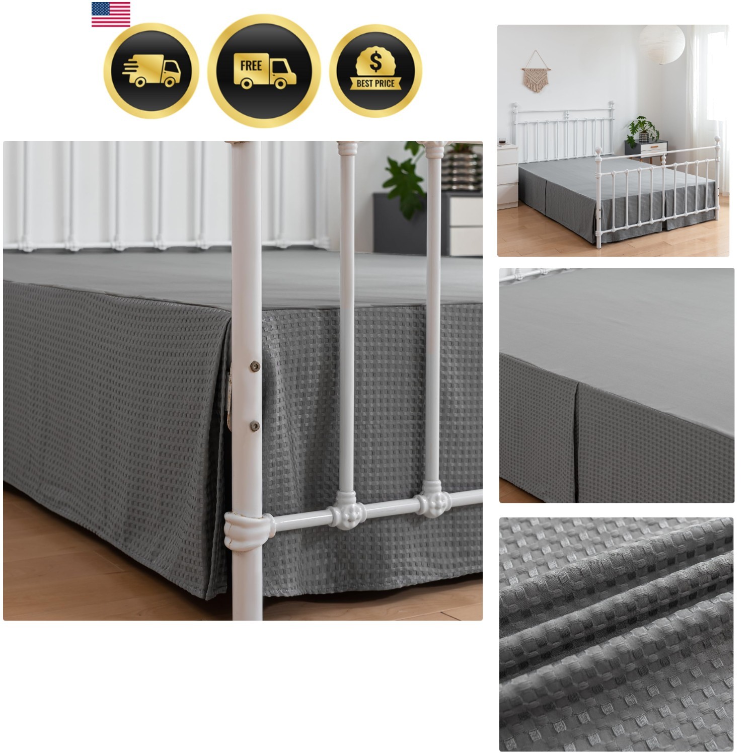 King Dust Ruffle, Waffle Weave Fabric 18'' Drop – Classic Grey Elegance