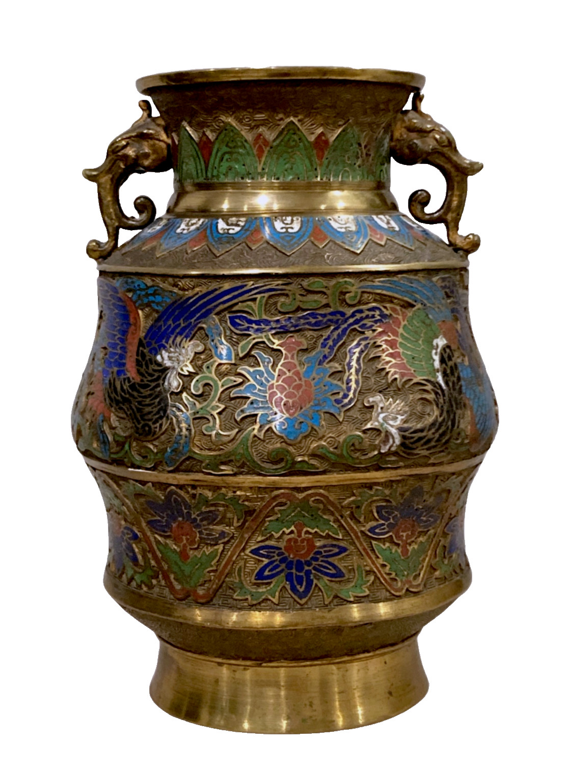 Antique Vintage Rare Shape Lrg Japanese Champleve Cloisonne Enamel Handled Vase