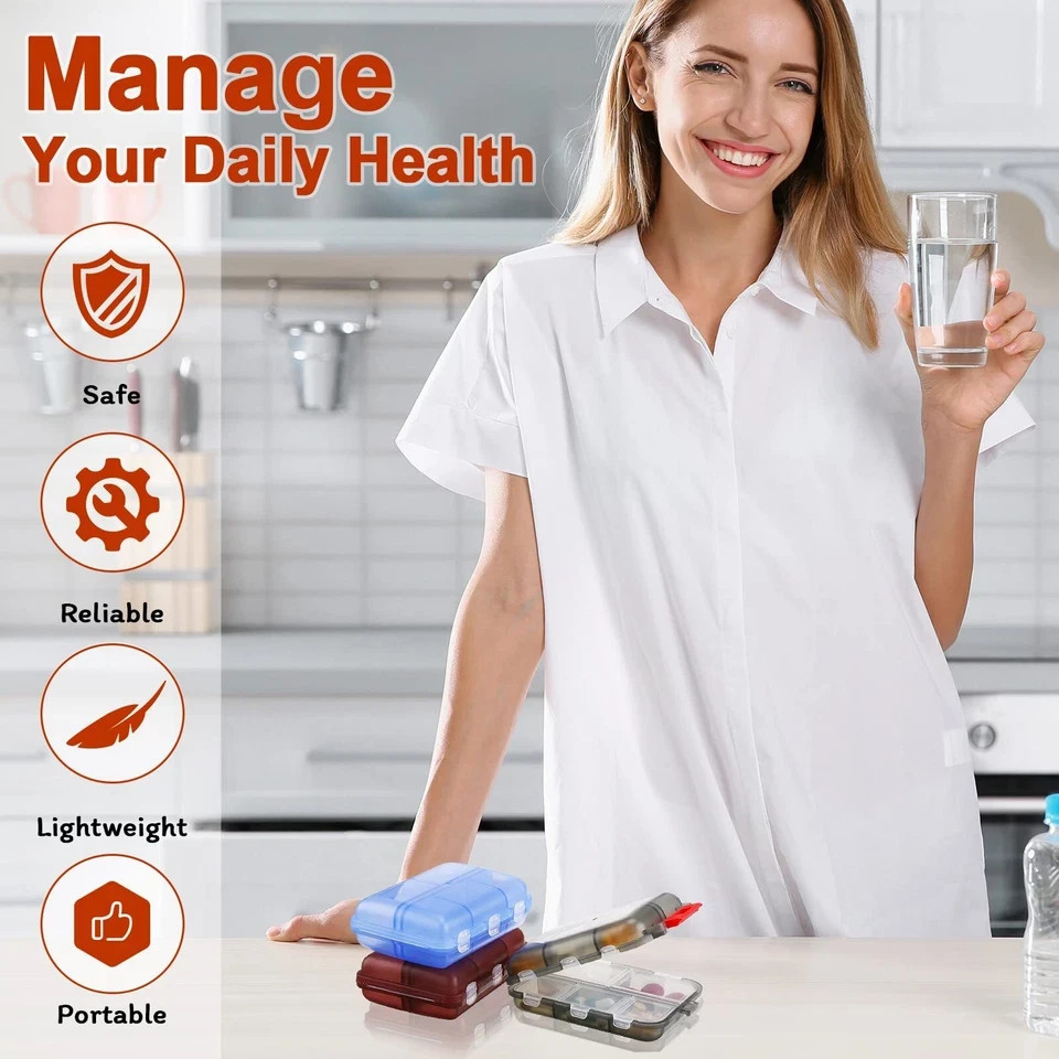 8 Pack Daily Pill Organizer Moistureproof Medicine Box with 10 Compartments