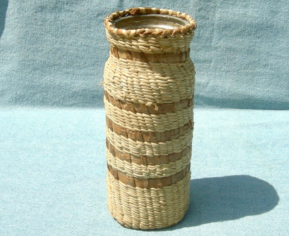 antique PACIFIC NW NATIVE AMERICAN NOOTKA, MAKAH HANDMADE BASKETRY GLASS JAR