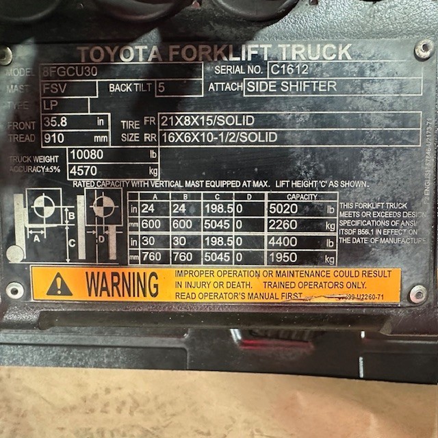 2020 Toyota 8FGCU30 6000lb Used Forklift LP Gas Triple Mast Sideshift 4978 Hours