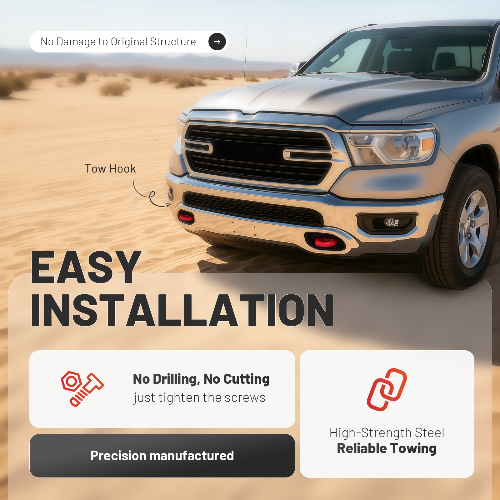 Pair Front Heavy Duty Tow Hook For Ram 1500 DT 2019-2024 #68265144AA 68272945AA