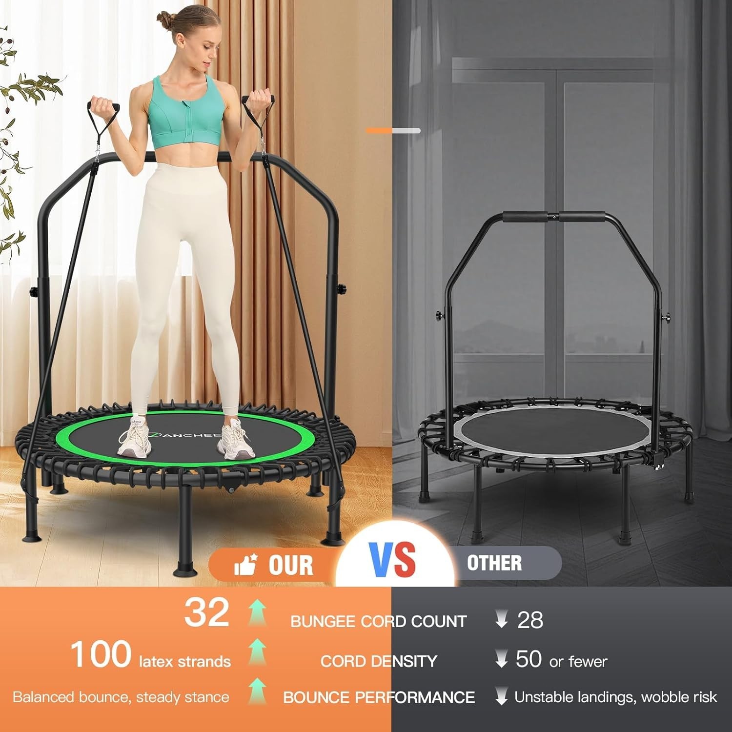 40" Foldable Mini Trampoline with Bungees, Fitness Trampoline Max Load 450lbs US