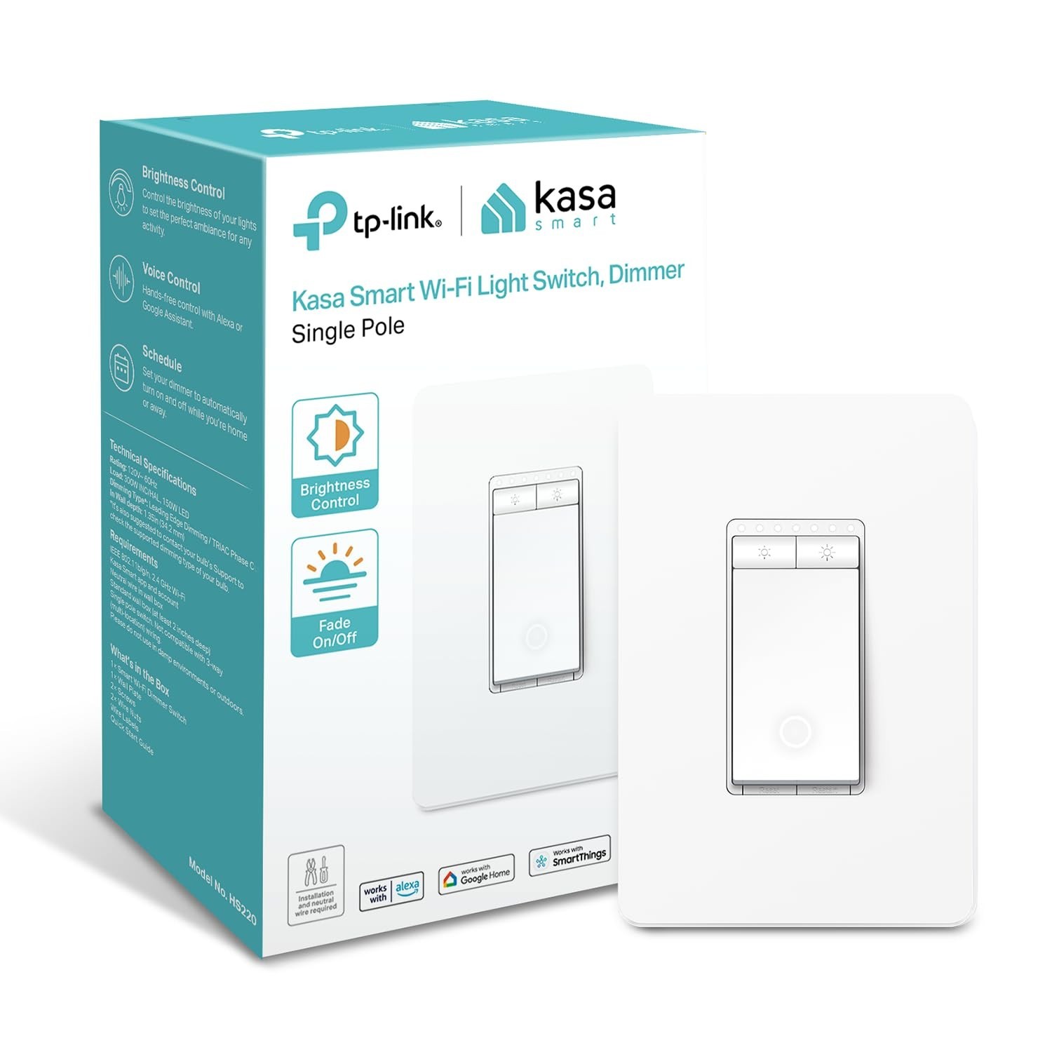 Kasa Smart Dimmer Switch HS220, Single Pole, Needs Neutral Wire, 2.4GHz Wi-Fi