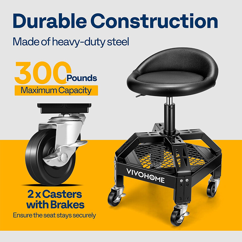 Rolling Garage Stool 300LBS Adjustable Height Mechanic Work Shop Seat w/ Casters