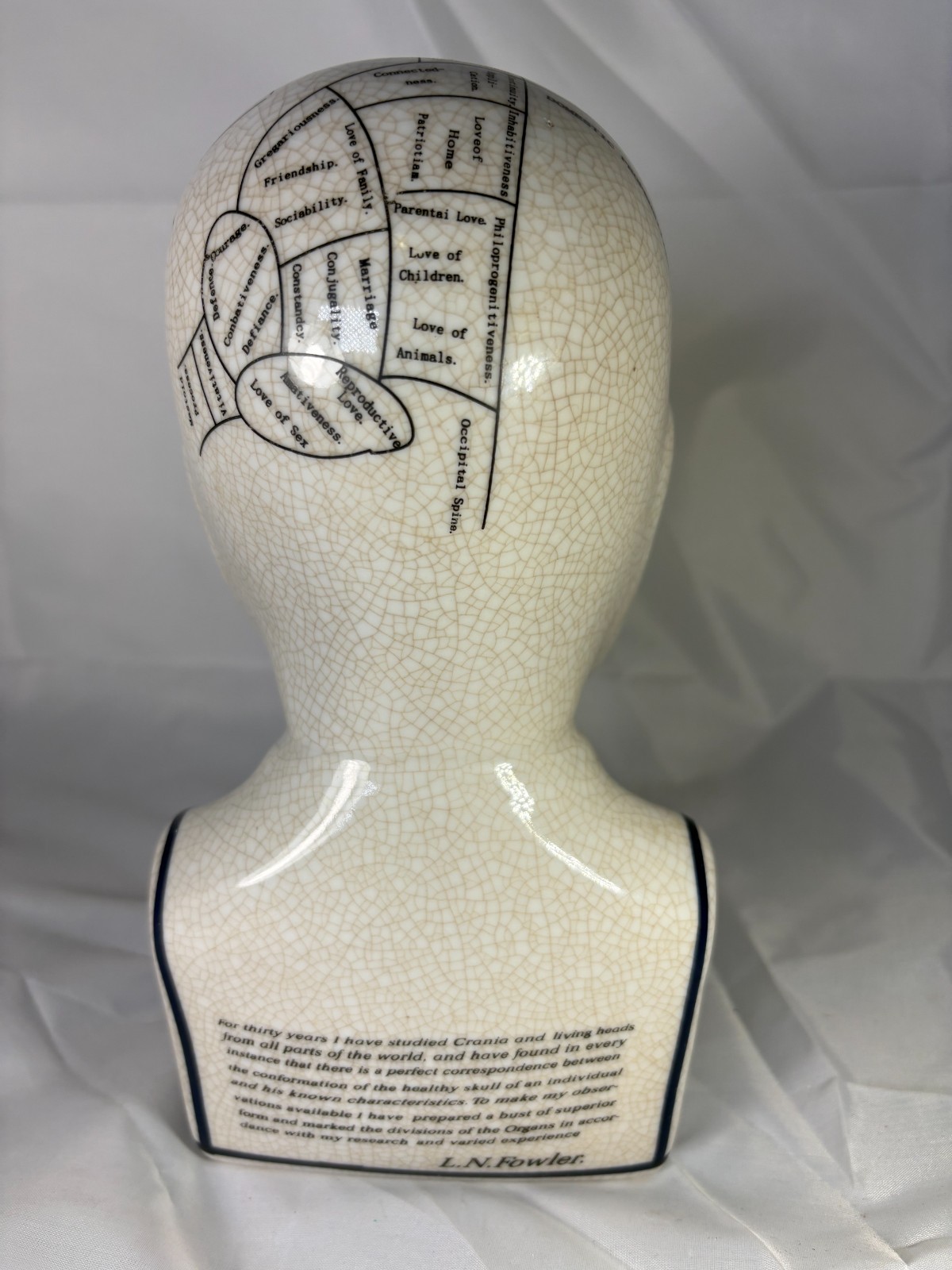 L.N. FOWLER Phrenology Head Bust Porcelain Crackle Science of Psychology 9"
