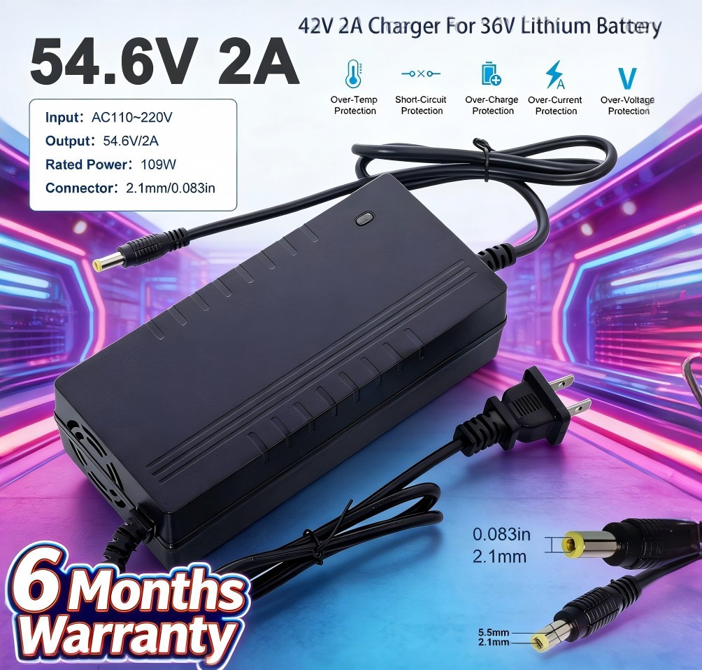 54.6V 2A Adapter Charger 48V Lithium Battery with 5.5mm*2.1mm DC Plug Port 108W