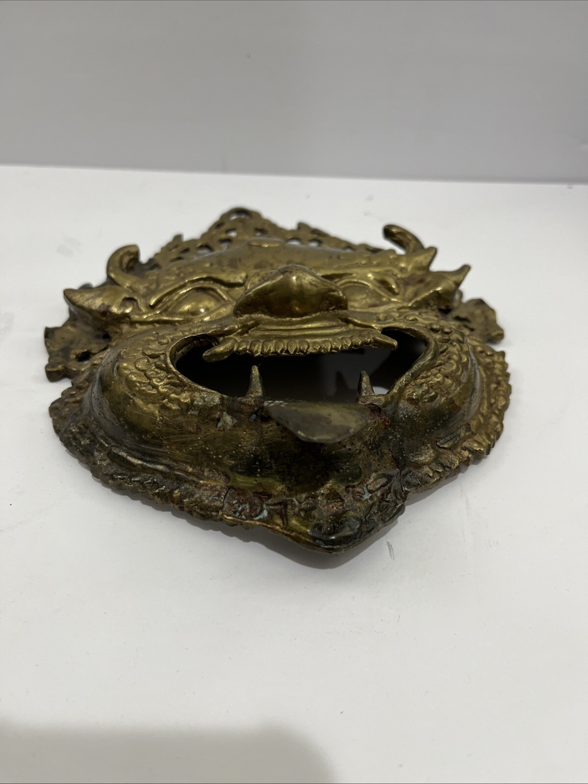 Antique or Vintage Gilt Bronze Tibetan Buddha Mahakala Mask Wall Hanging 9” T