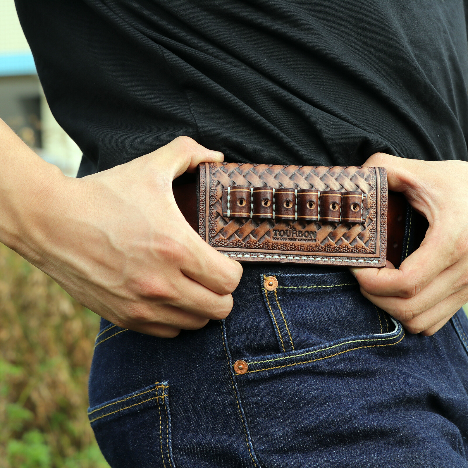 TOURBON 6 Rounds Leather .38/.357/44 Mag Rifle Ammo Belt Holster Slide Gift US