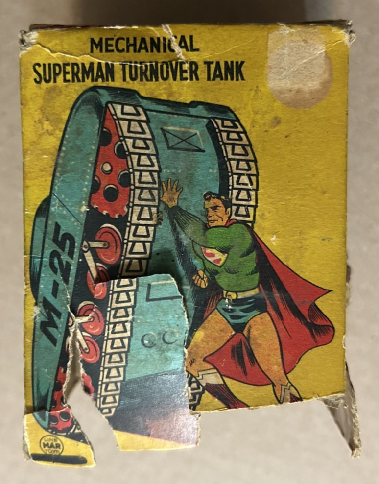 1950's Mechanical SUPERMAN TURNOVER TANK Linemar Tin Wind-Up w ORIGINAL BOX RARE