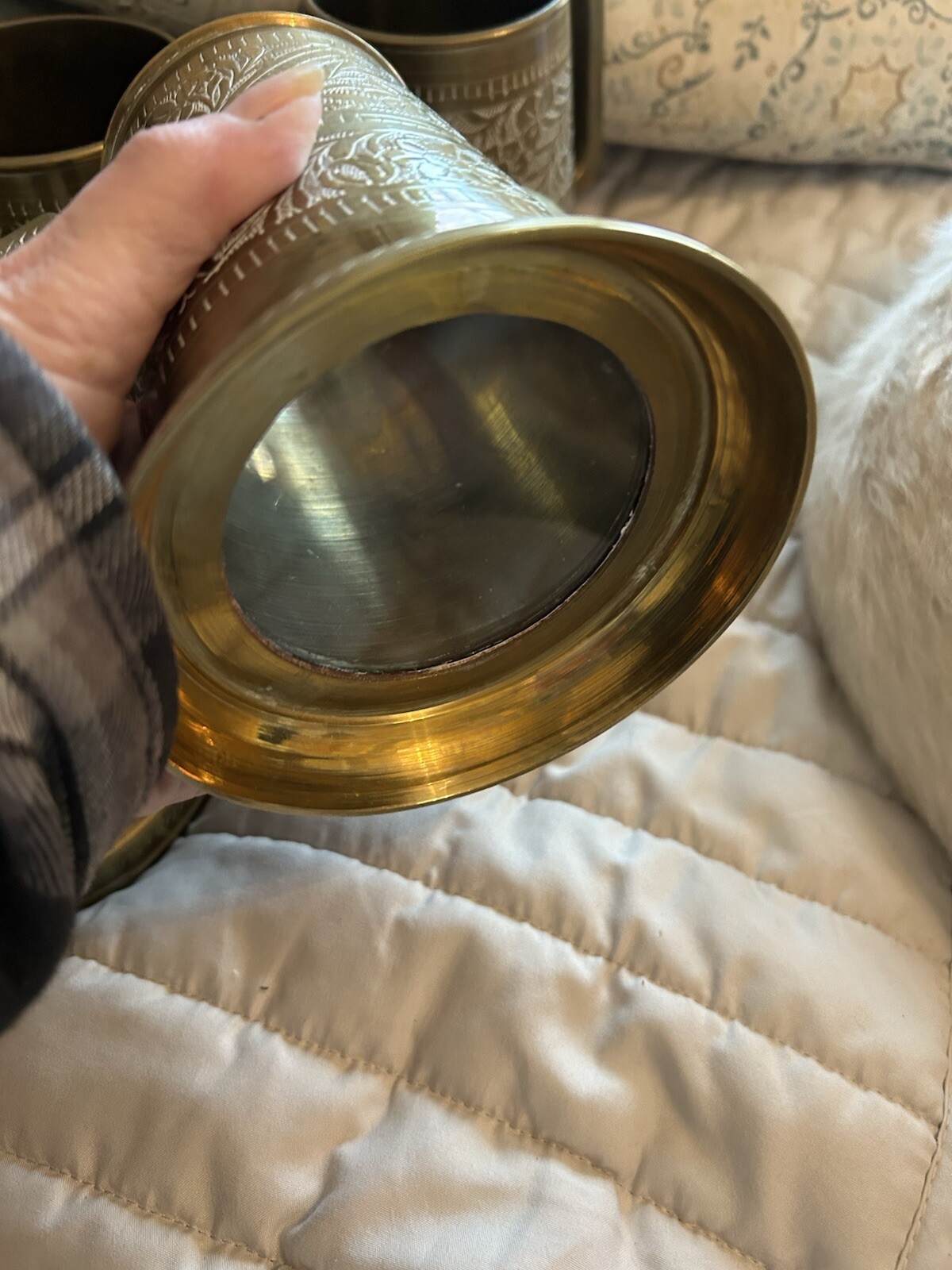 Set Of Four Vintage Hand Etched Copper/Brass Beer Mugs Glass Bases - Pakistan