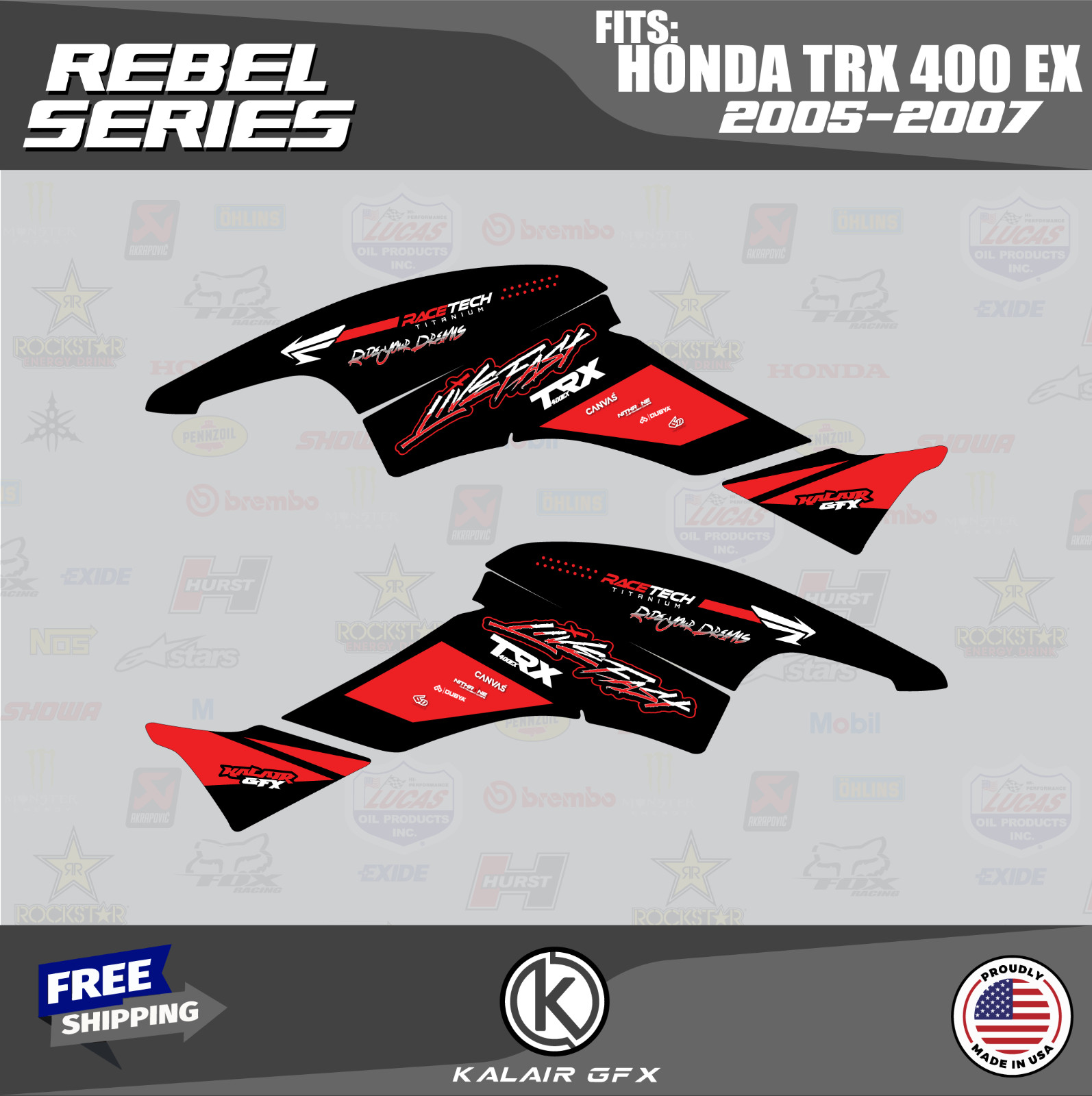 Graphics Kit for HONDA TRX400EX (2005-2007) 16MIL Rebel Series - Red Shift