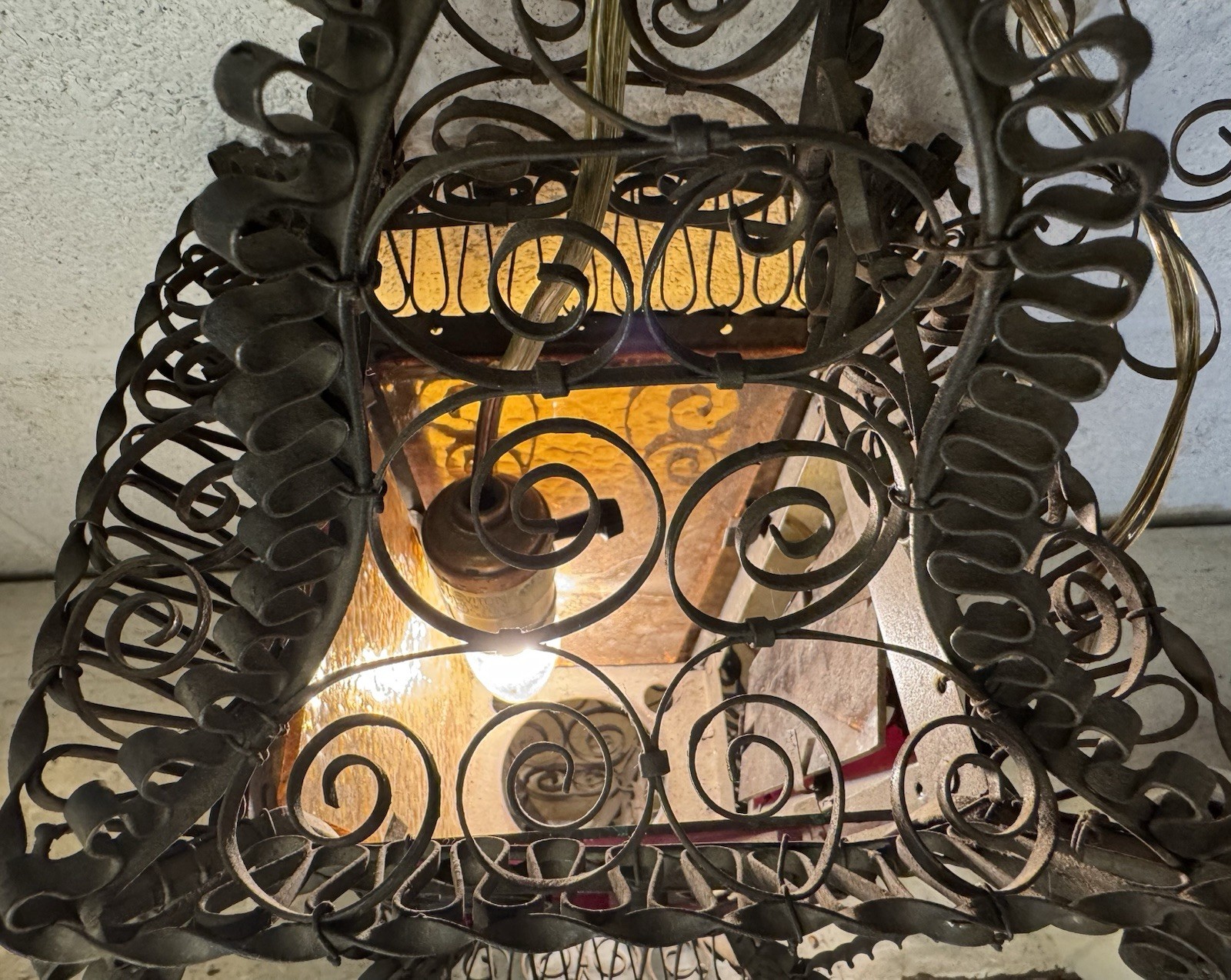 Antique Venetian Wrought Iron Lantern Hanging Electrified Light Gothic Italian