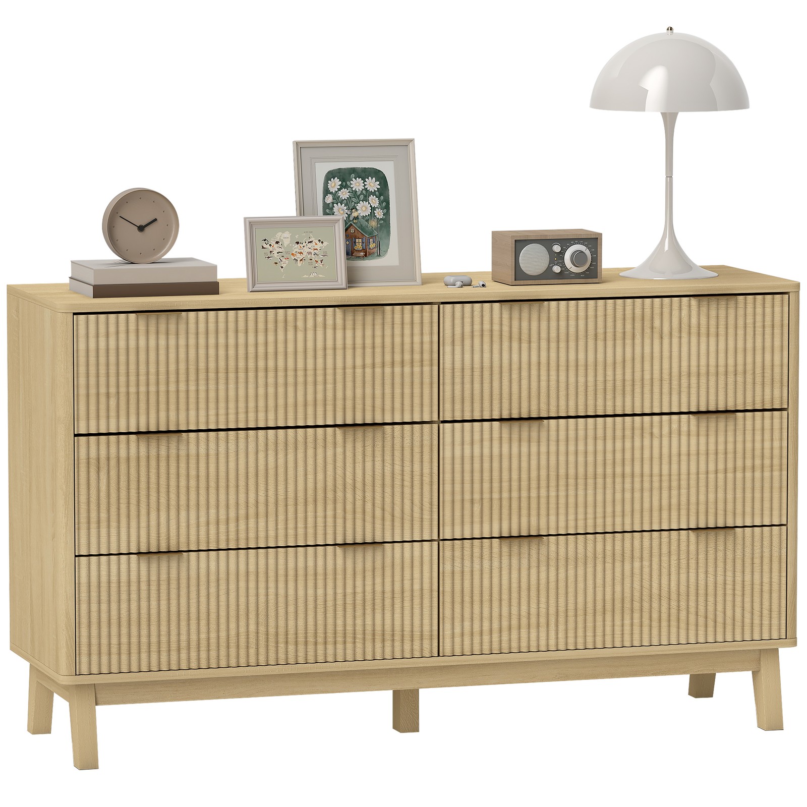 HOMCOM 6 Drawer Dresser for Bedroom, Fluted Chest of Drawers, Natural Wood
