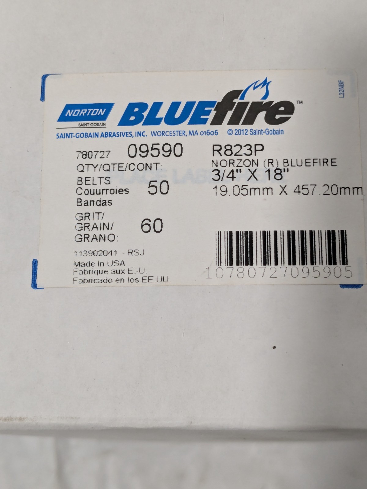 (50) Norton Abrasive Belt: 3/4" W, 18" OAL, 60G, Zirconia Alumina 78072709590