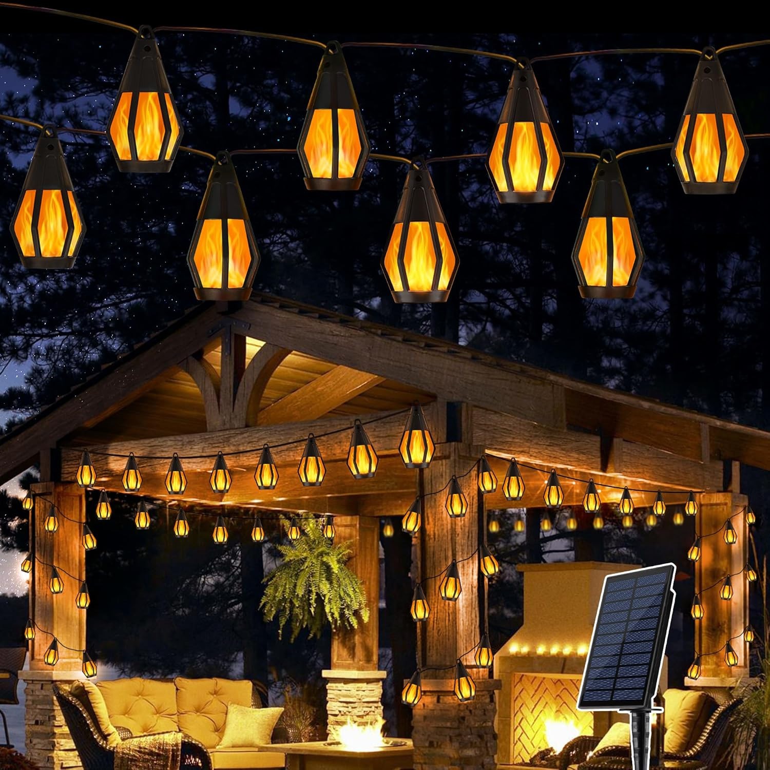 Solar String Lights for Outside 28Ft Patio Lights 15 Flickering Flame Light Bulb