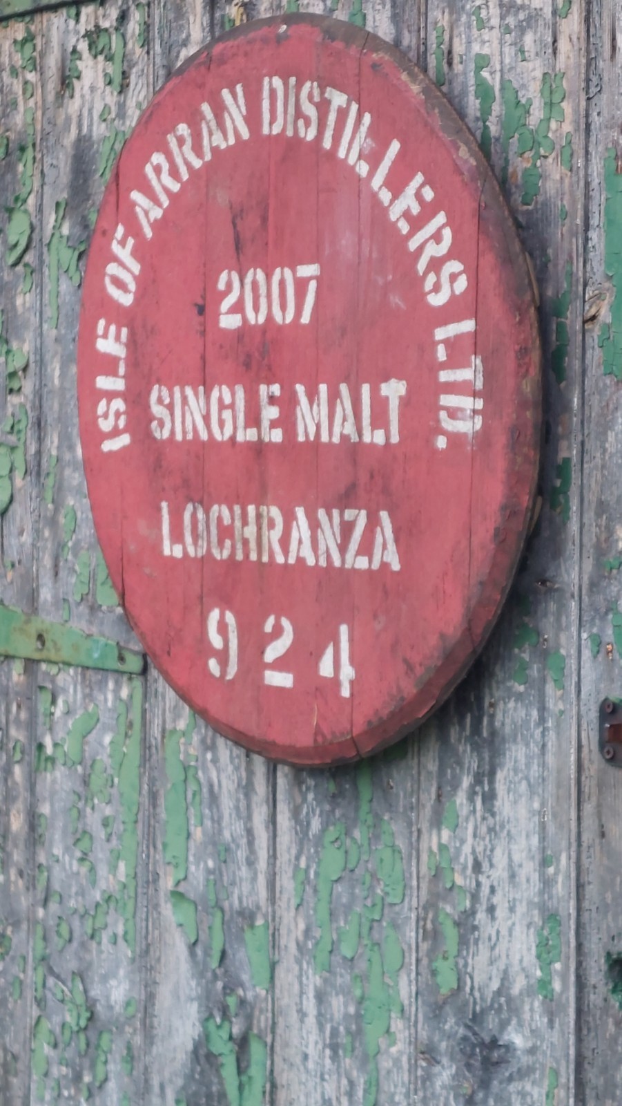 2007 Arran Lochranza Whisky Barrel Lid - W/Heavy Duty Hook and Hanger 22" wide