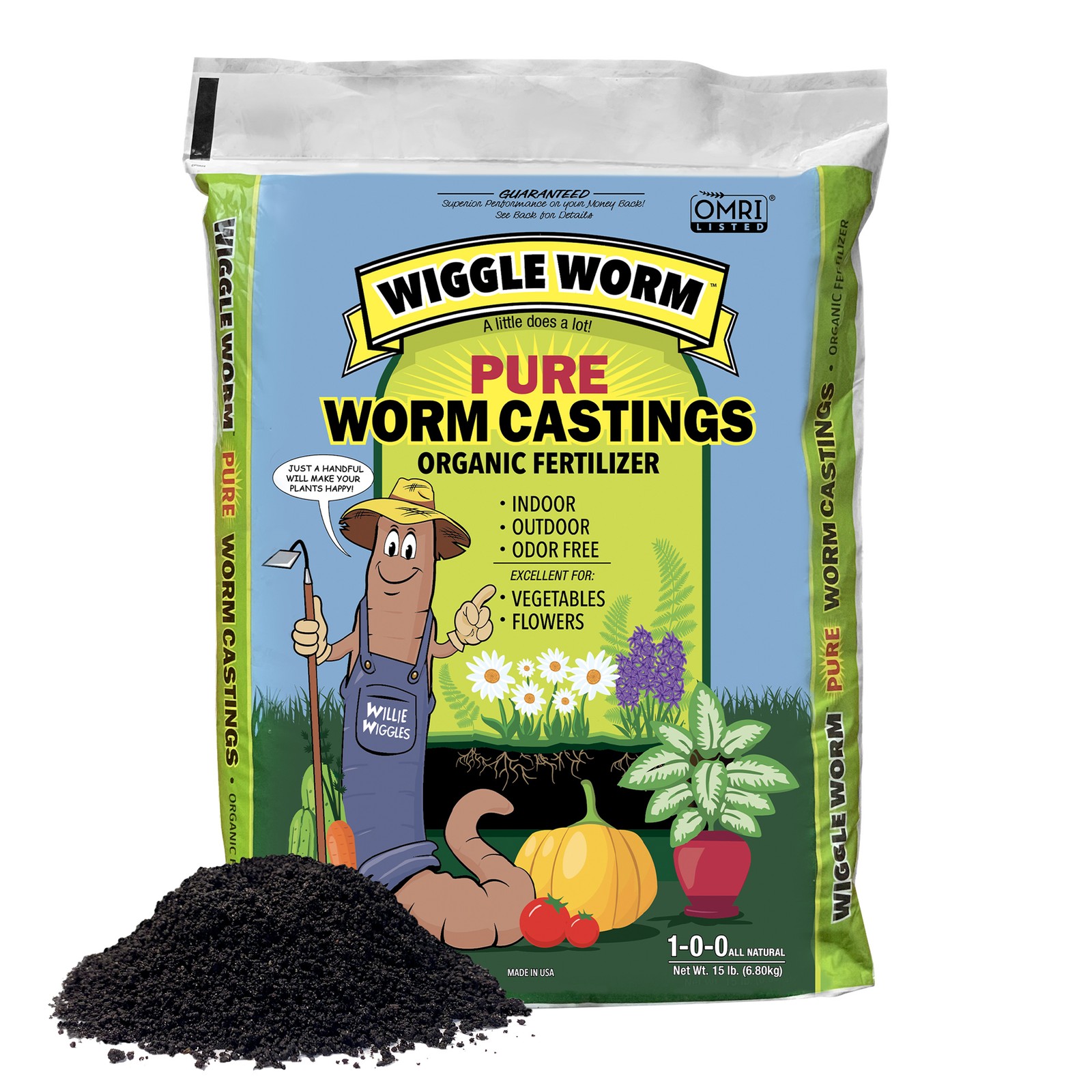 Wiggle Worm 100% Pure Organic Mineral-Dense Worm Castings Fertilizer, 15lbs