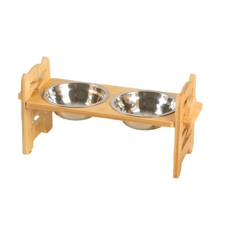 Elevated Bamboo Dog Bowls Stand Adjustable Double Stainless Steel Pet Feeder”
