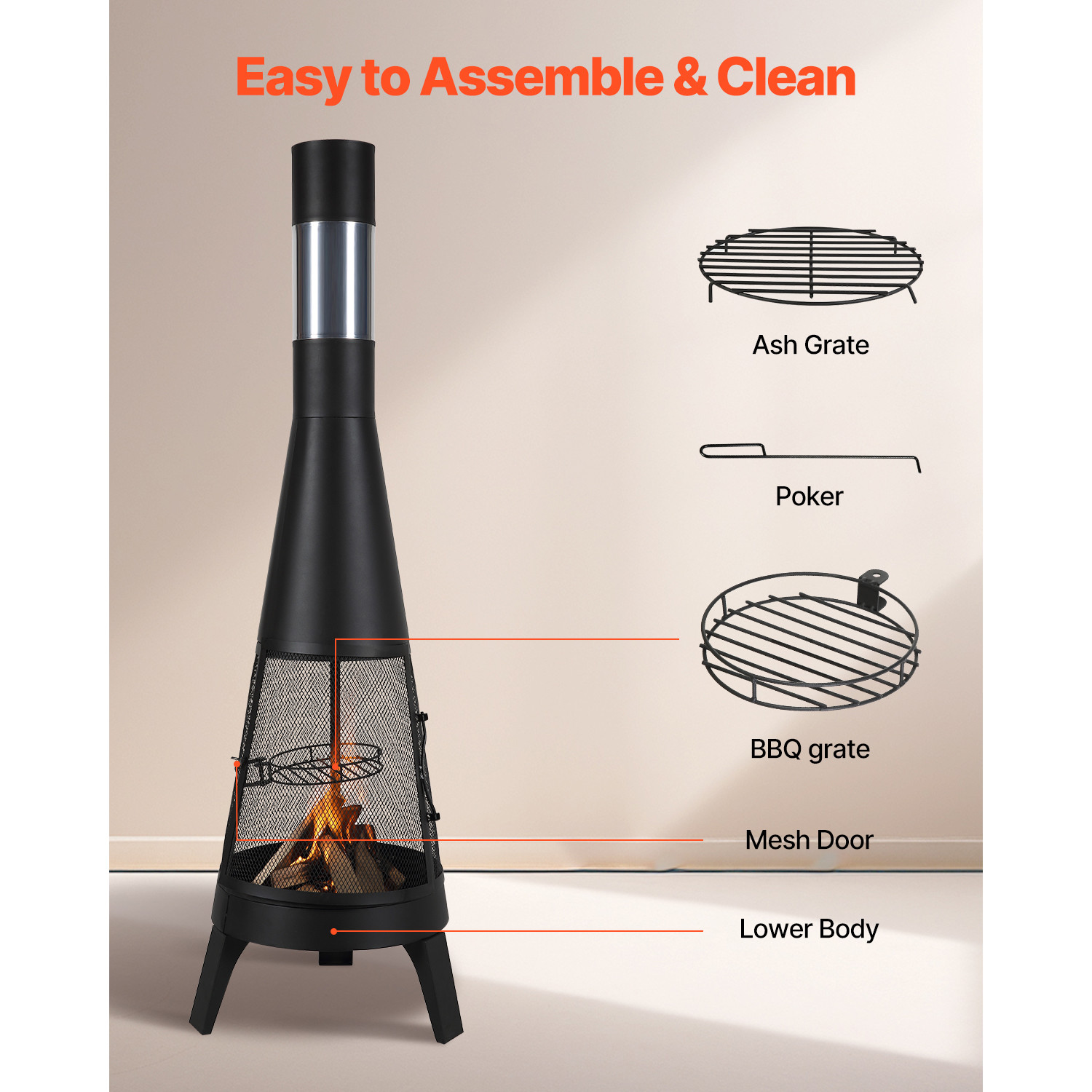 20 Inch Chiminea Outdoor Wood Burning Firepit with Grill Mesh & Chimney