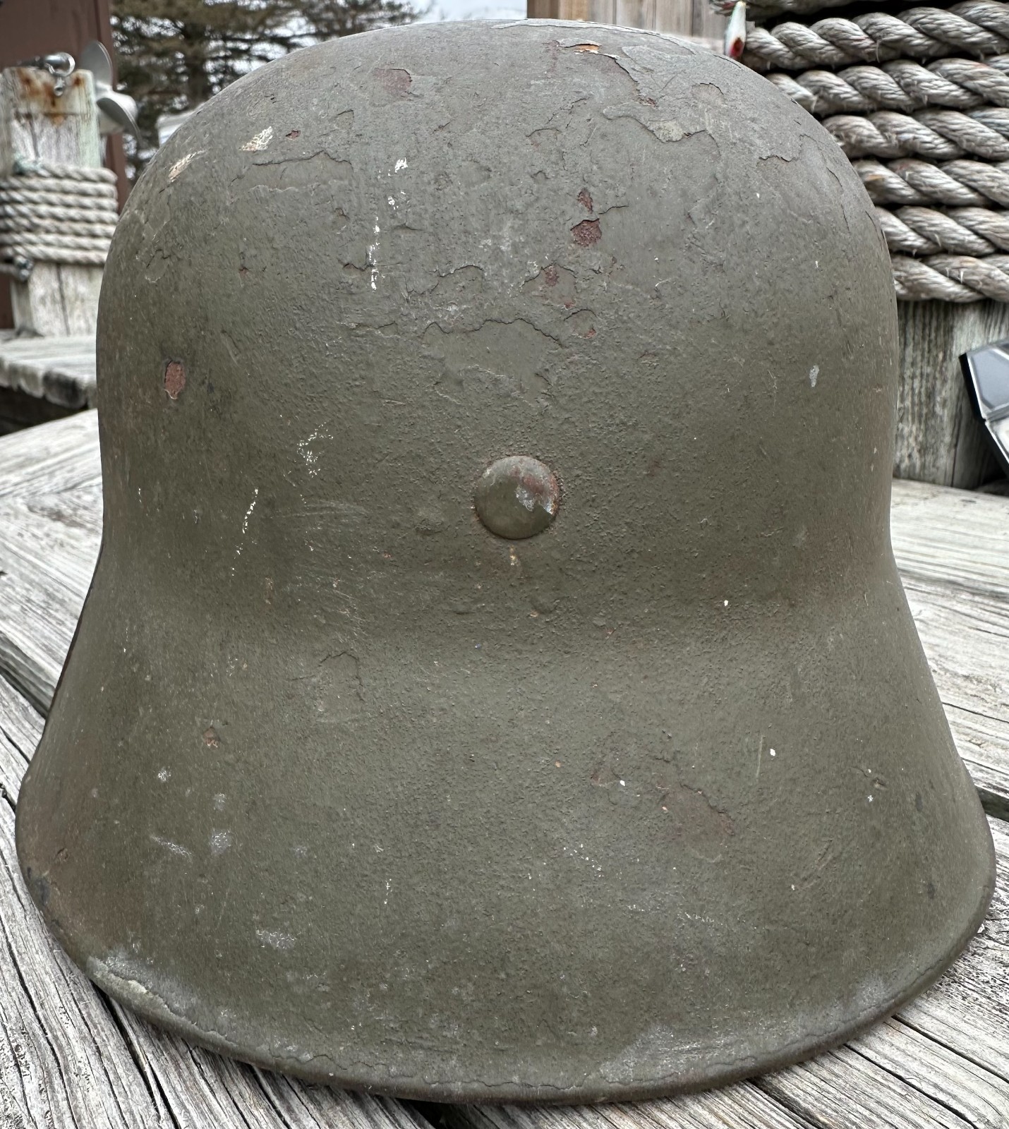 WWI WWII German M18 Combat helmet - thick camo finish - 1938 chinstrap