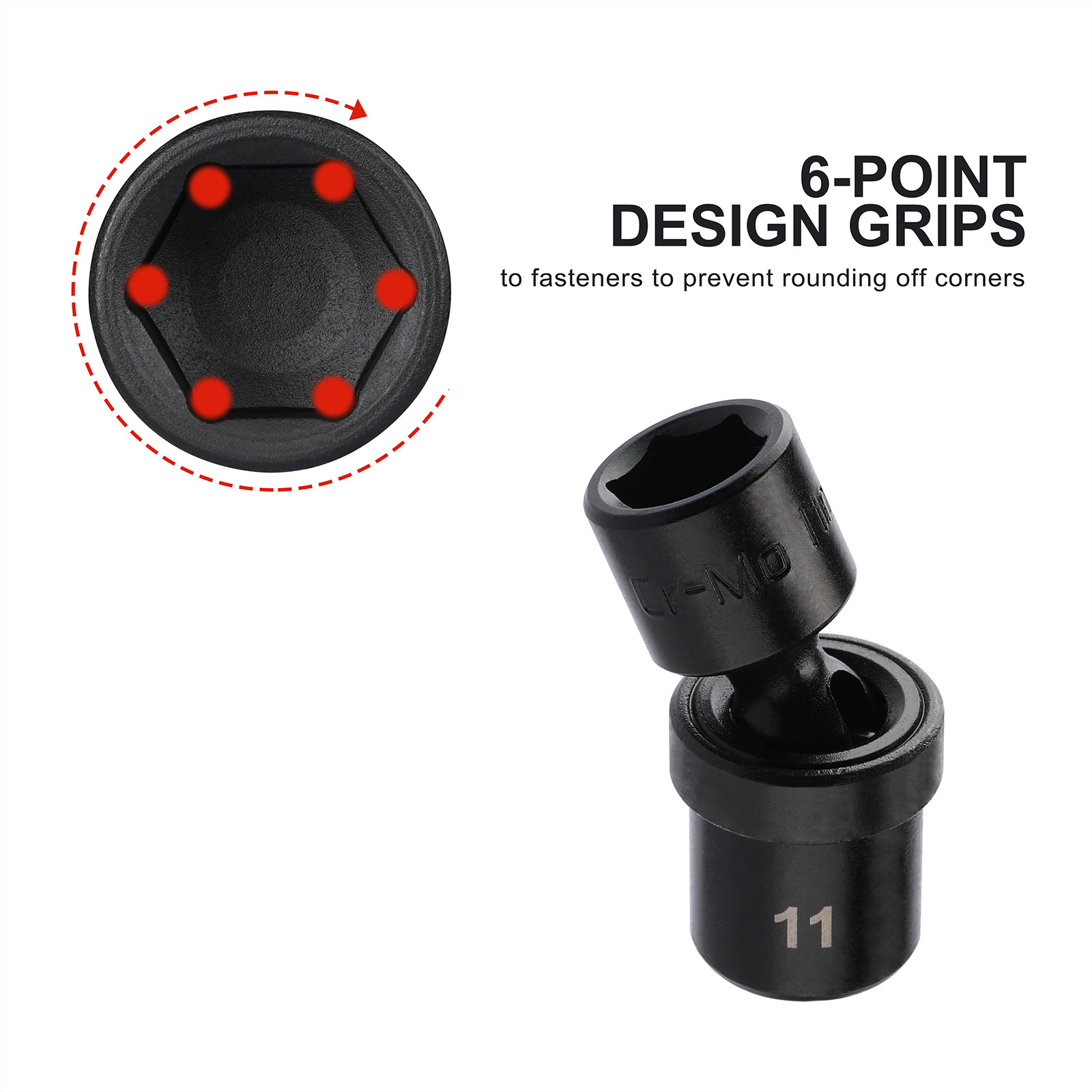 12pcs 1/4-Inch Impact Socket Set Metric 5mm to 15mm 6-Point Cr-Mo Swivel Socket