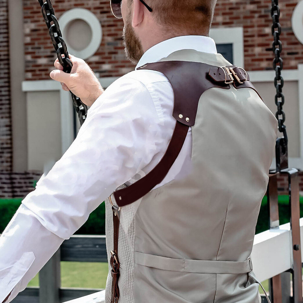 Brown Vintage Leather Suspenders Braces Shoulder Strap Belt Harness for Men O6M3