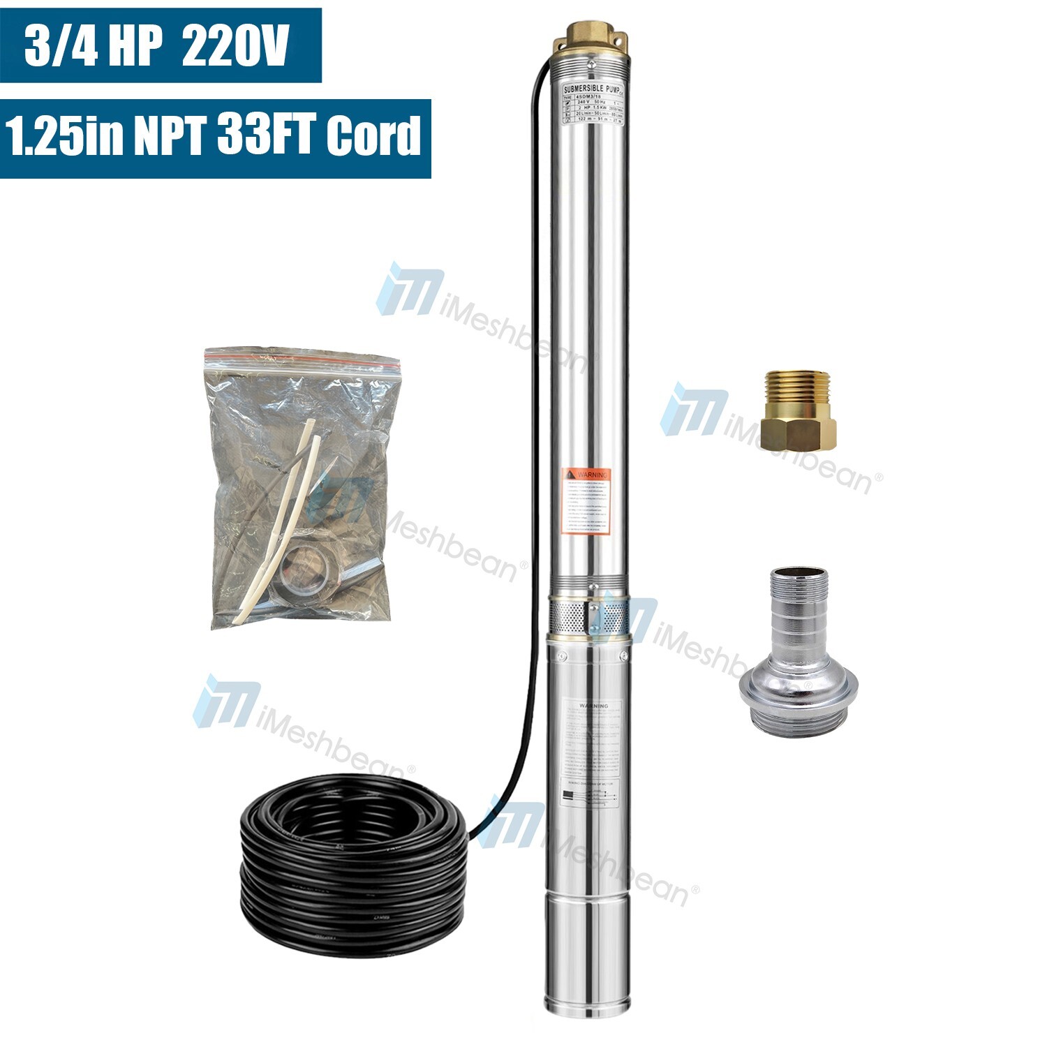 3'' Deep Well Submersible Pump, 3/4HP, 220V, 13 GPM, 247 ft MAX,60Hz,1.25in NPT
