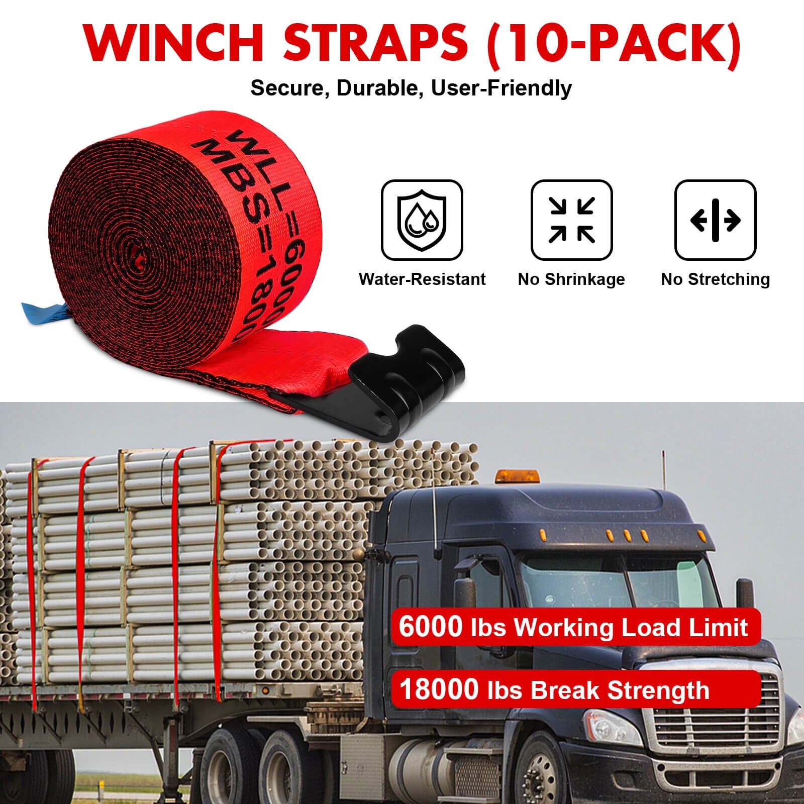 X-BULL 10 Pack 4" x 30' Winch Truck Straps w/Flat Hook for Towing 18000 lbs Red