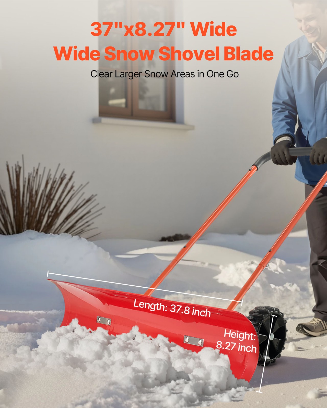 VEVOR Snow Pusher Shovel w/ Wheels 37.8 in Snow Removal Shovel Plow for Driveway