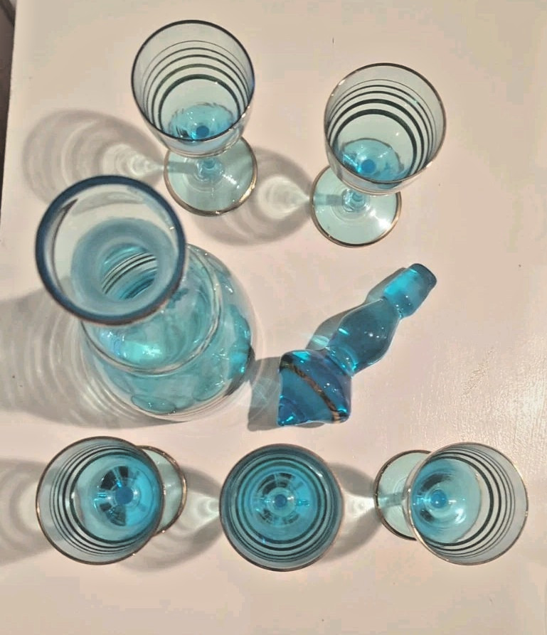MCM Vintage Teal Blue & Gold Romanian Glass Decanter 4 Cordial Glasses 7 pc Set