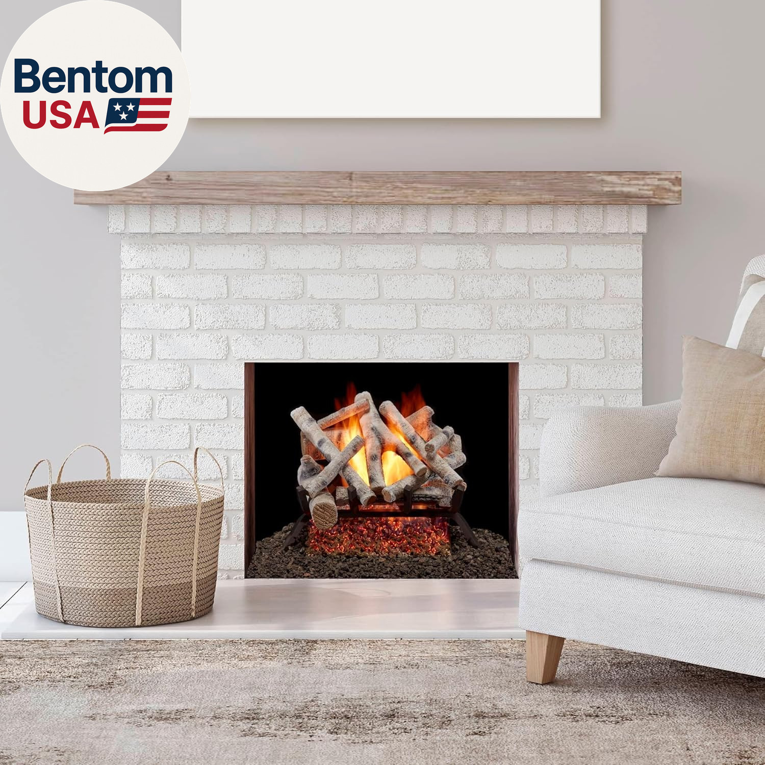 BVL18-2 Natural Gas Vented Fireplace Logs Set with Match Light, 45000 BTU, Birch