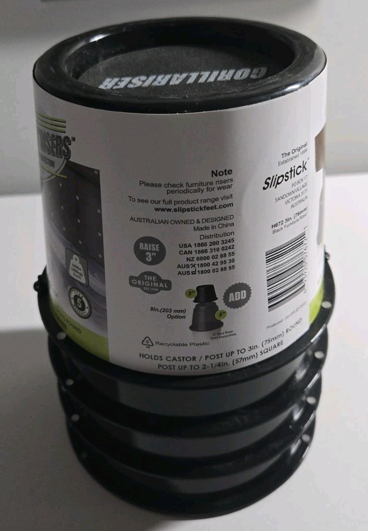 Gorilla H672 Floor Protection 3 in. Black Furniture/Bed Risers (Set of 4)